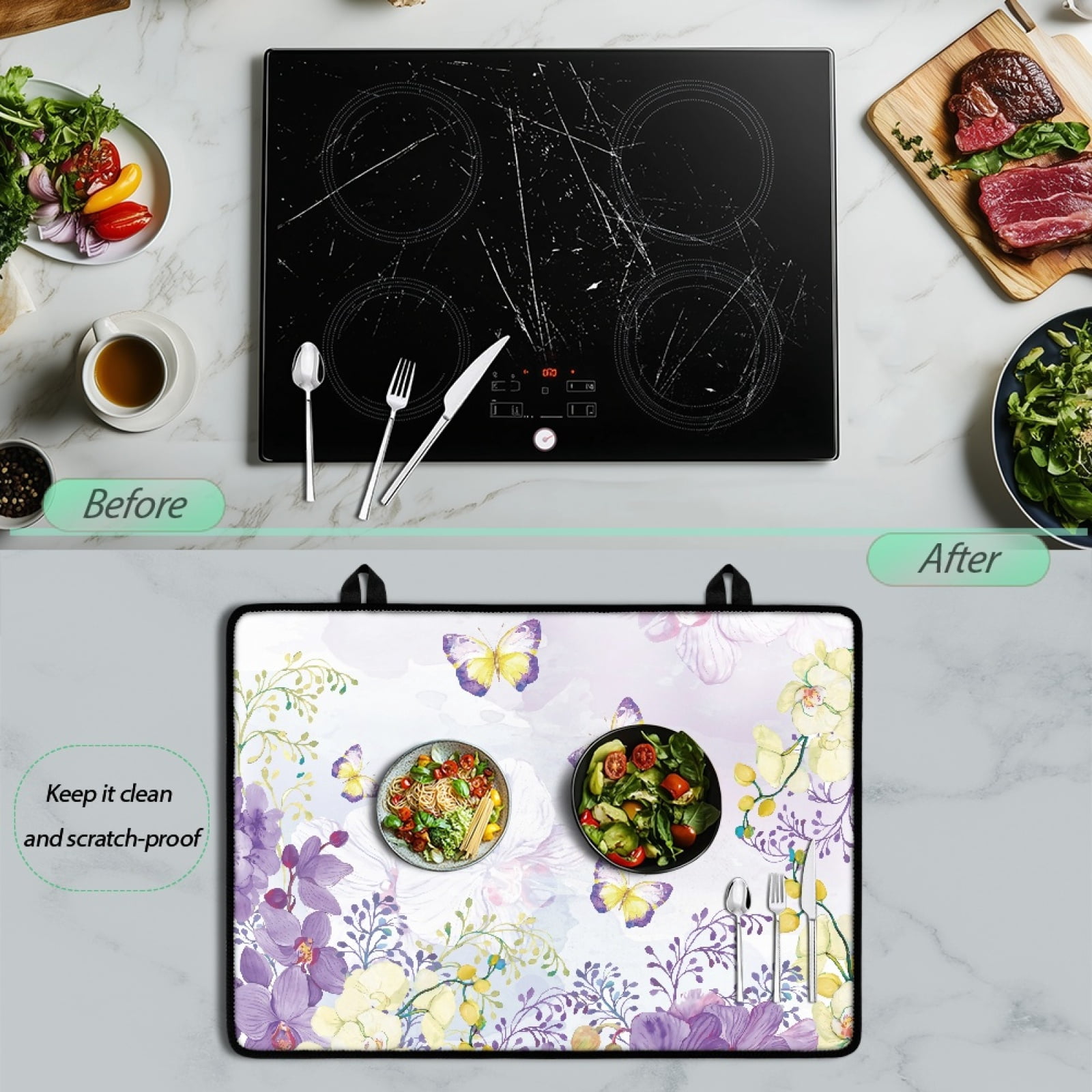 Renewold Glass Stove Top Cover Non-slip Electric Stove Top Protector Cooktop Cover for Electric Stove, Heat Resistant Foldable Range Cover, 29'' x 21'', Butterfly Flower Violet