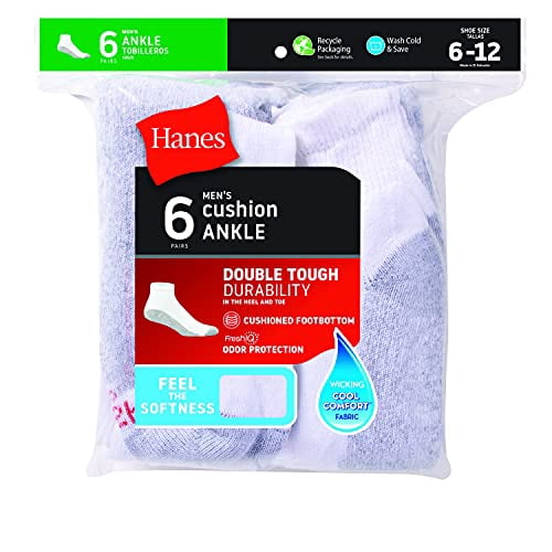 Hanes Men's Cushioned FreshIQ Odor Control 6-Pack Ankle Socks, White, Shoe Size: 6-12