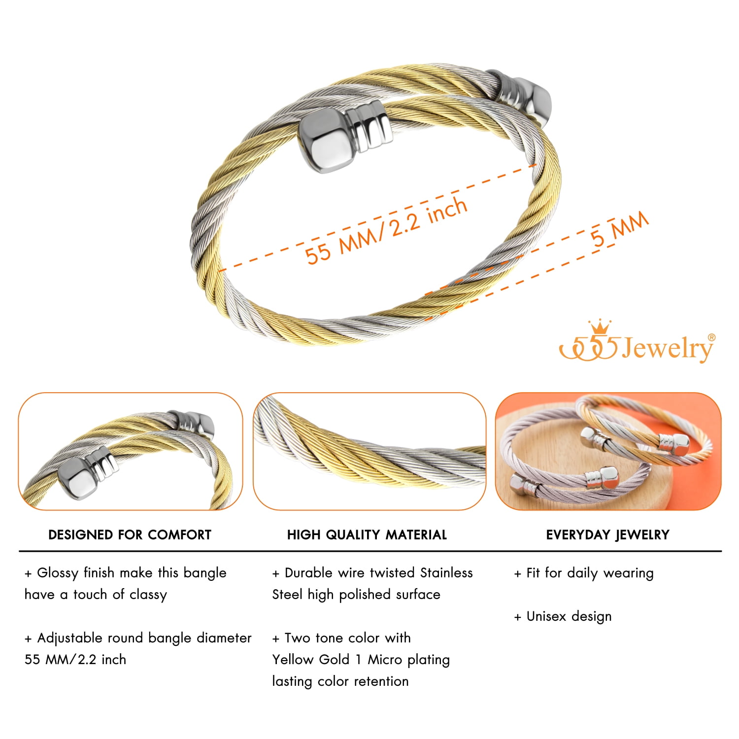 555Jewelry 2 Tone Adjustable Twisted Wire Cable Bangle