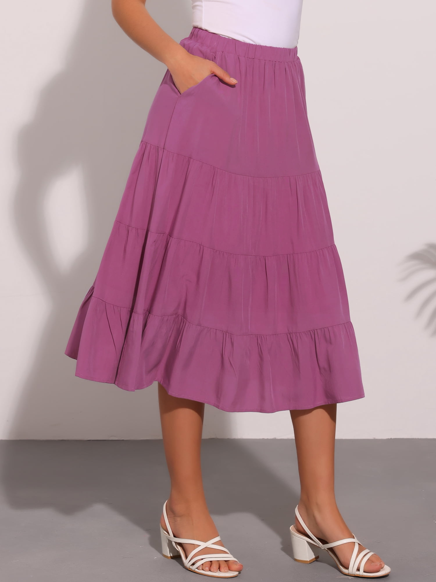 DARING DIVA Women's Flare Tiered Pleated Solid Elastic Waist A-Line Skirt XS Purple