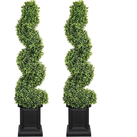 Boxwood Outdoor Topiary Set of 2, 3.5ft Tall Porch Trees, All-Year Green Fake Plant Topiary Trees Artificial Outdoor with Sturdy Pot for Porch Indoor (Spiral)