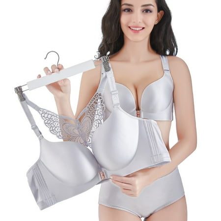 

Promotion Clearance! Women Plus Size Sexy Push Up Bra Front Closure Butterfly Brassiere Female Backless Bralette Breast Seamless Underwear Gray 44 C