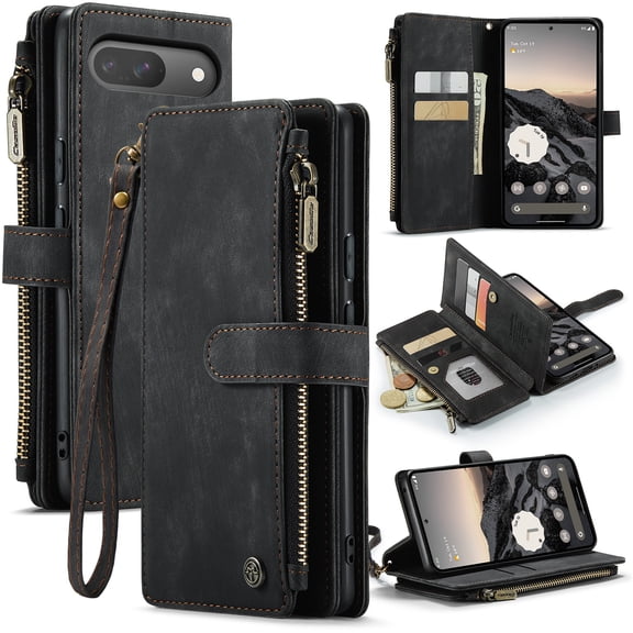 For Google Pixel 9 Pro Wallet Case with Card Slots, Leather Detachable Wristlet Strap 3-in-1 Zipper Pocket and Magnetic Flip Folio, RFID Blocking Card Holder Stand Case for Women and Men,Black