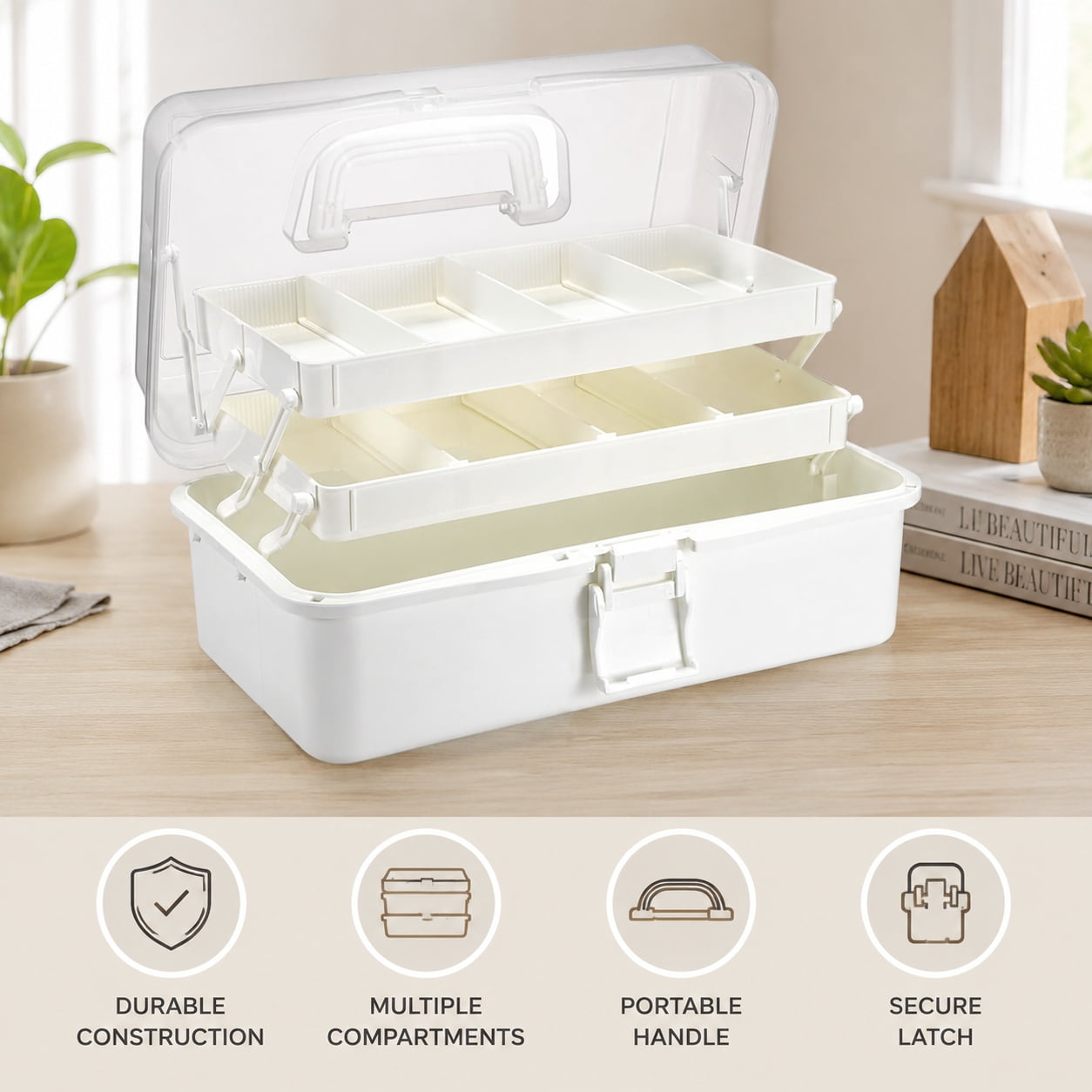 3-Layer Plastic Dividing Storage Box with Adjustable Spacers | Portable Handled Craft and Art Supply Organizer Multipurpose Home Utility Box for Medicine & Sewing (Beige White)