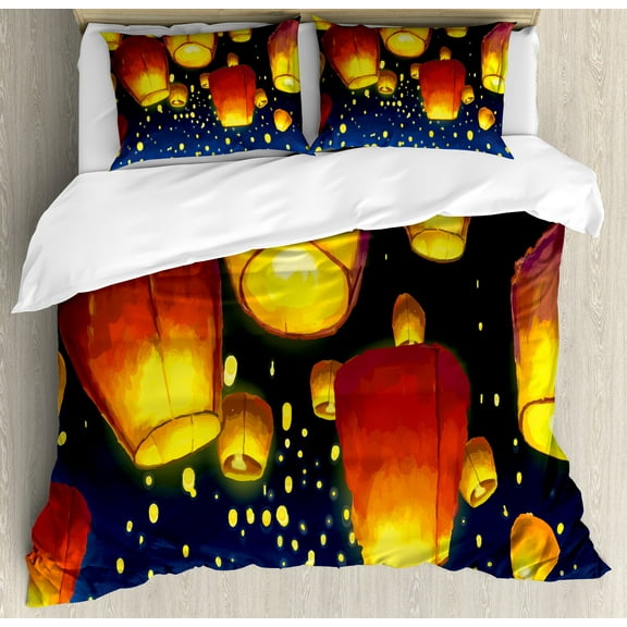 Watercolor Duvet Cover Set, Floating Fanoos Like Devices on Sky Auspicious Culture Chinese Print, Decorative 3 Piece Bedding Set with 2 Pillow Shams, Queen Size, Dark Blue and Orange, by Ambesonne