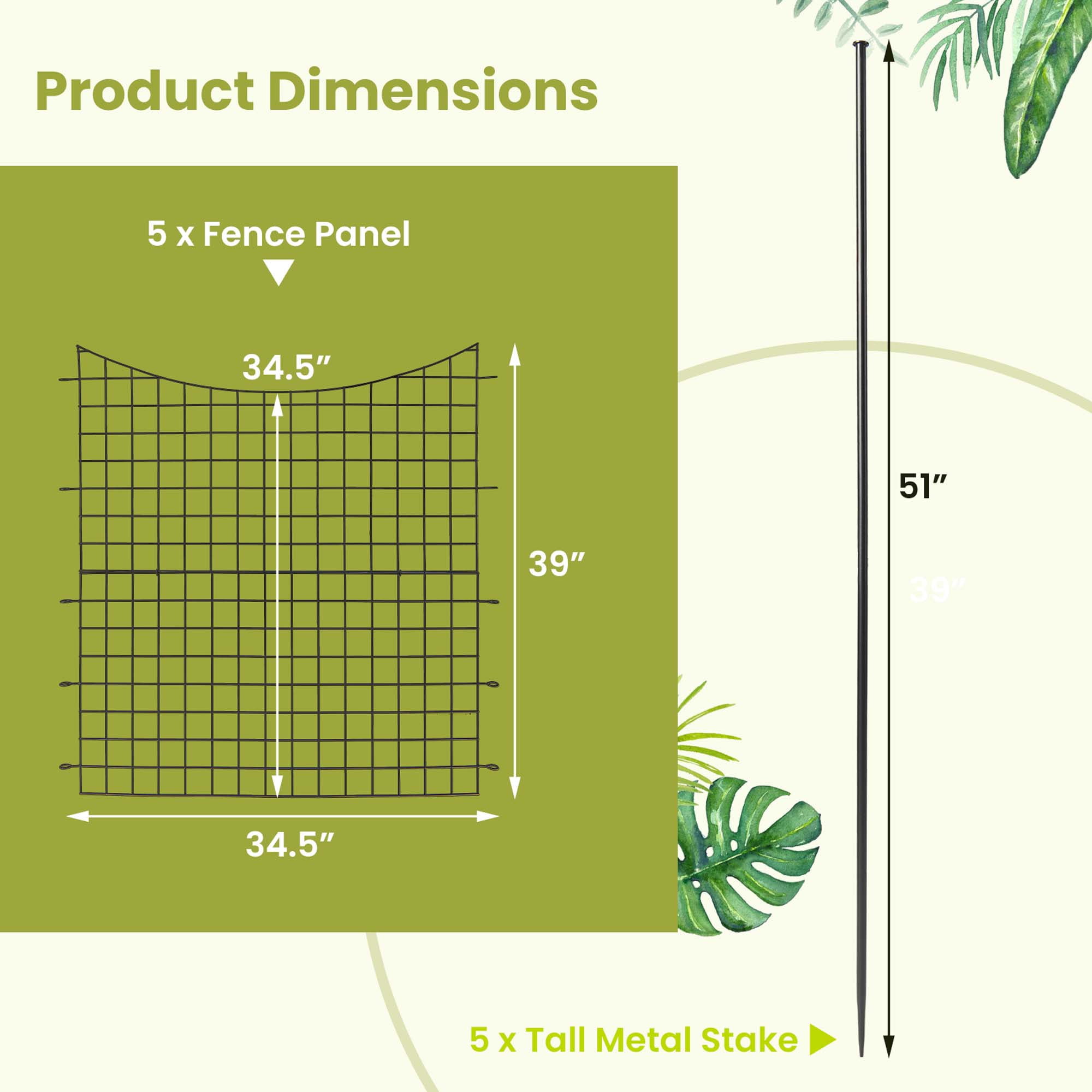Costway 39'' Tall Outdoor Animal Barrier Decorative Garden Fence with 5 Panels & 5 Stakes