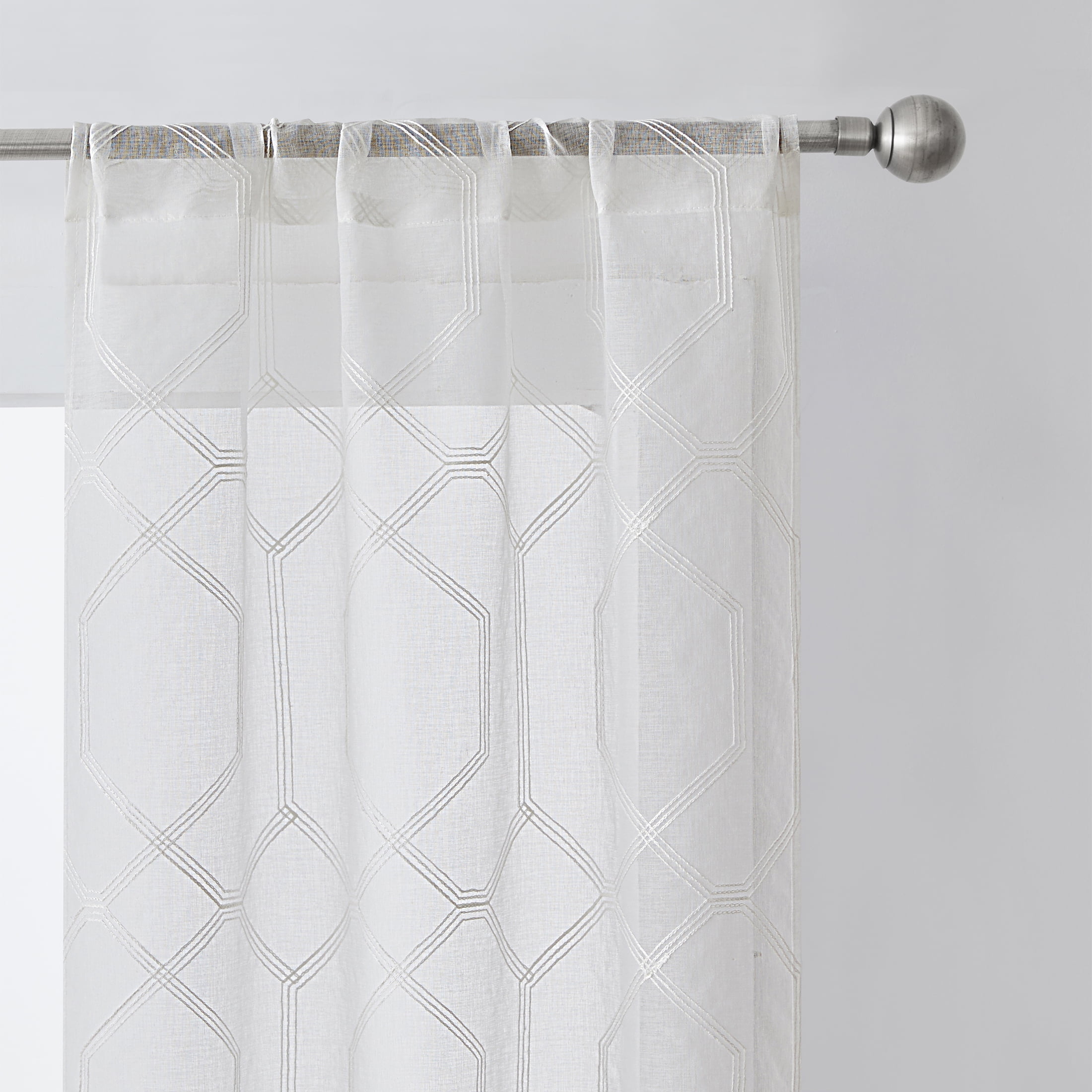 Mainstays Modern Geometric Embroidered Rod Pocket Sheer Curtains, Set of 4, White, 28" W x 63" L