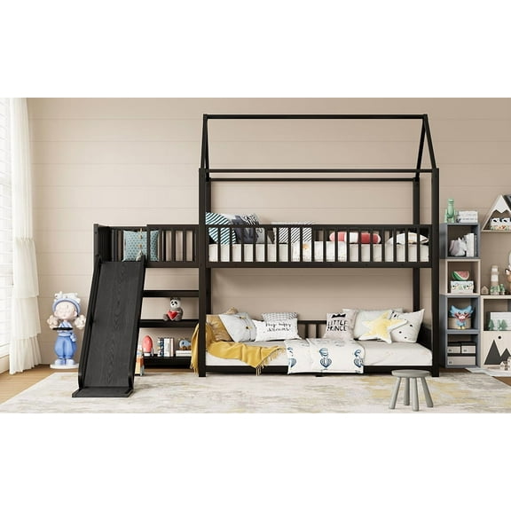 YIYADO Twin metal House Bunk Bed with Storage Stairs, Slide, Safety Rails, Black