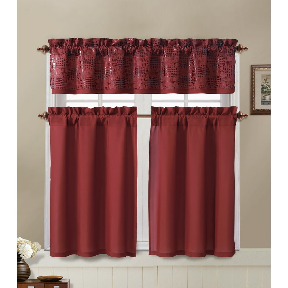 Red and Chocolate Brown Kitchen Window Curtain Set 2 Tier Panel