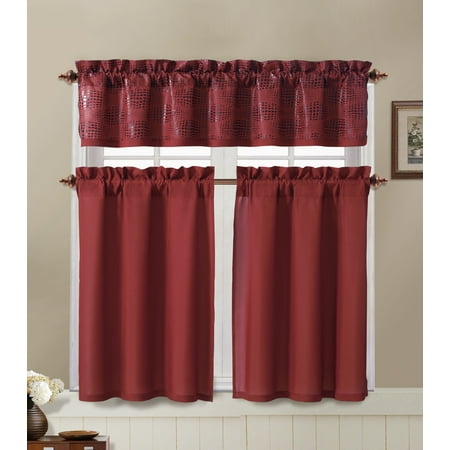 Brown Gator Print Red and Chocolate Brown Kitchen Window Curtain Set : 2 Tier Panel Curtain, 1 Alligator Print Valance ()