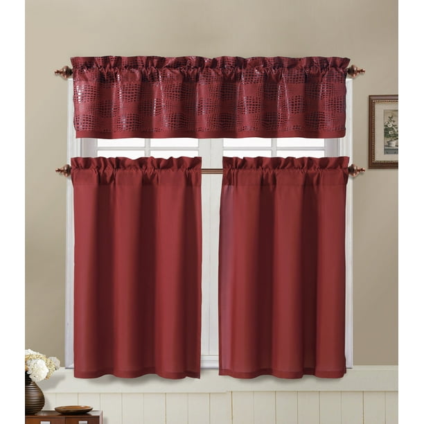 Red And Chocolate Brown Kitchen Window, Brown Kitchen Curtains
