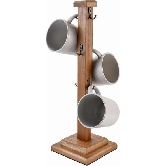 Rustic Coffee Mug Tree Stand, Solid Wood Holder for 6 Mugs, Space-Saving Kitchen Organizer, Stylish and Sturdy Cup Display Rack, Brown