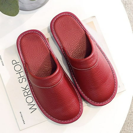 

CoCopeanut Black Home Leather Slippers Men s Indoor Flats Waterproof Autumn Lovers Shoes Classic House Couples Soft Leather Slippers
