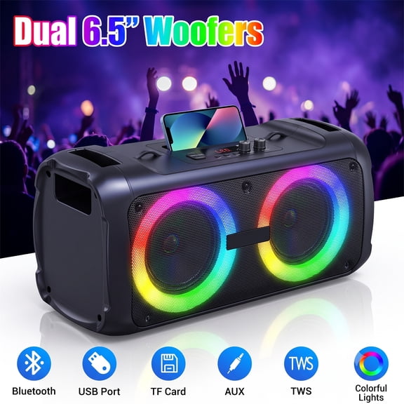 Lohoms Portable Bluetooth Outdoor Speaker with Subwoofer, Loud Deep Bass Party Speaker with LED Lights,Shoulder Strap,Mic Input,TF/USB/AUX,Phone Holder for Camping & Beach