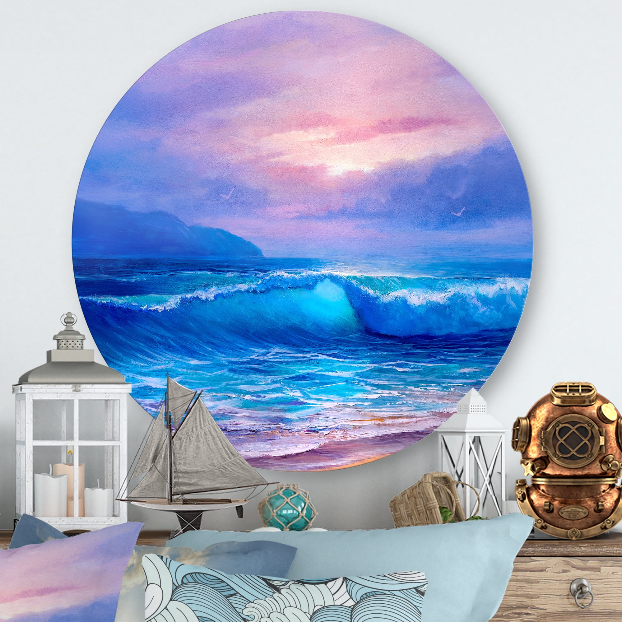 Designart 'The Sea By The Beach With Golden Sunset' Nautical & Coastal Circle Metal Wall Art 23x23 - Disc of 23