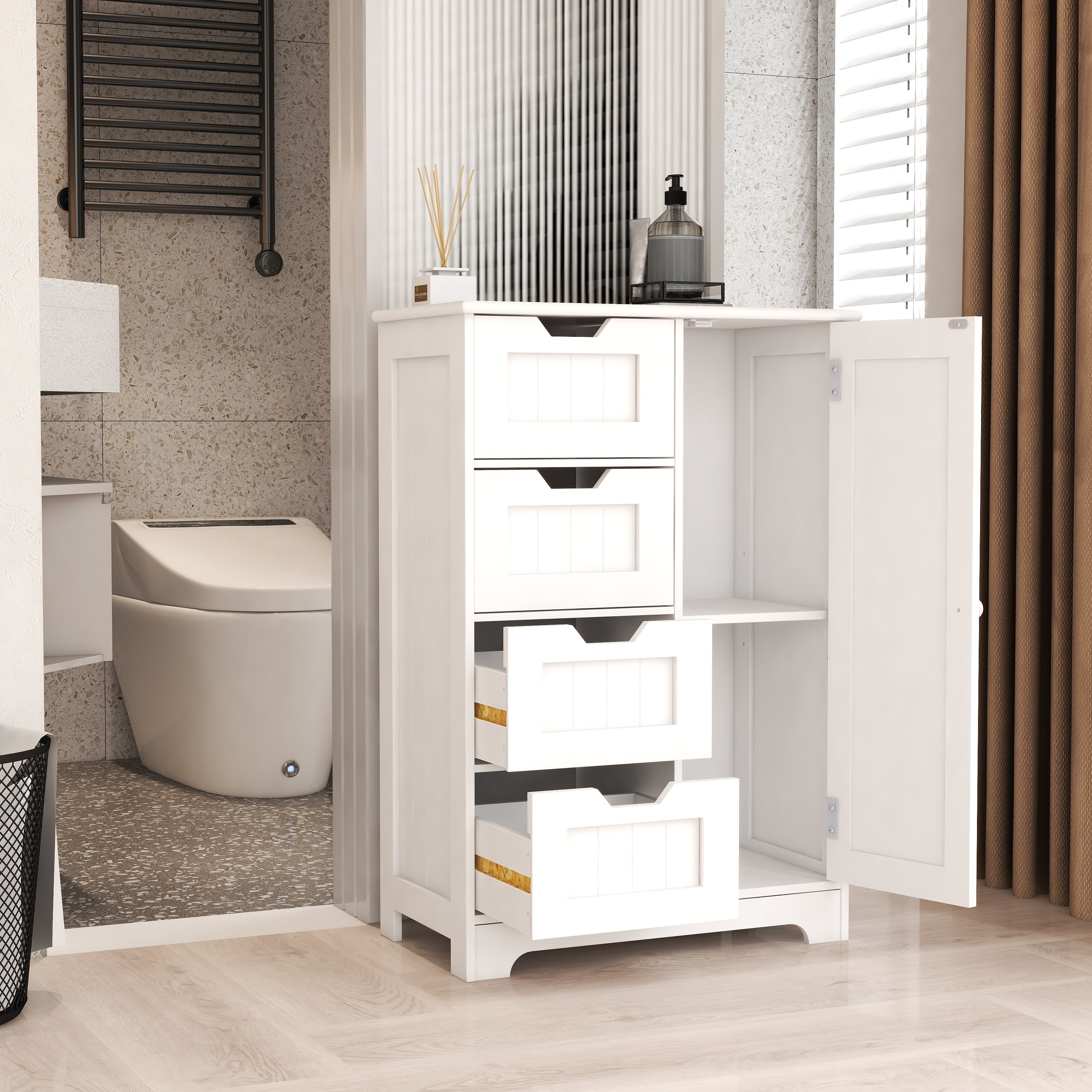 White freestanding floor storage cabinet with adjustable shelve