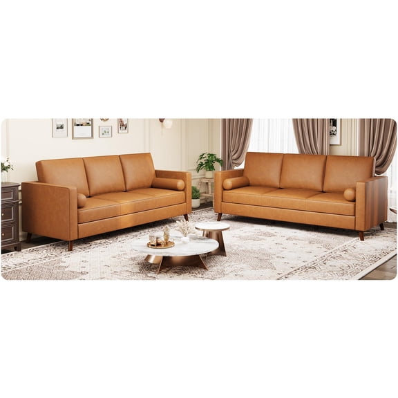 81 Inch Mid-Century Modern 3-Seater Faux Leather Sofa, Oversized Deep Seat Couch with Removable Cushions, Wide Armrest & Supportive Backrest for Living Room & Office