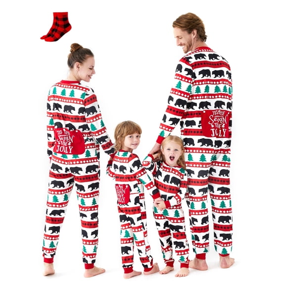 PatPat Christmas Pajamas Matching Family Onesies Mommy and Me Couple Holiday Pjs for Women Polar Bear Patterned One Piece Sleepwear with Socks, M