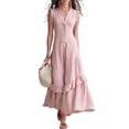 thumbnail image 2 of ChaoHeng Summer Dress Maxi Dresses for Women Solid V Neck Sleeveless Button Layer Ruffle Flowy Long for Pink M, 2 of 8