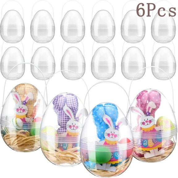 Tutuviw 6 Pcs Transparent Jumbo Plastic Easter Eggs,8 in Jumbo Fillable Easter Eggs with Handles,Giant Plastic Egg,Clear Egg Shaped Buckets with Handles for Egg Hunt Surprise DIY