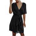 thumbnail image 1 of Fridja Robe Femme Col en V Couleur Unie en Chiffon Taille Élastique à Volants Manches Courtes, 1 of 8