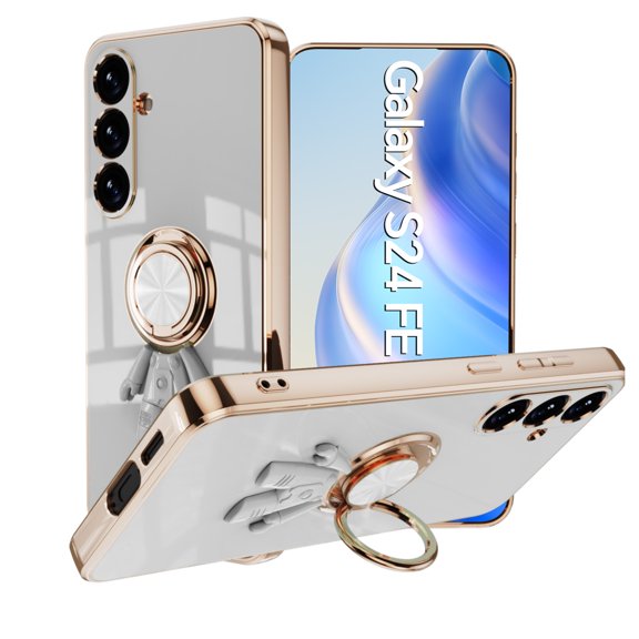 ELEHOLD Plating Case For Samsung Galaxy S24 FE – TPU Slim Magnetic Shockproof Cover, 360° Rotatable Ring Stand, 3D Astronaut Design, Lens All-Inclusive Protection, White