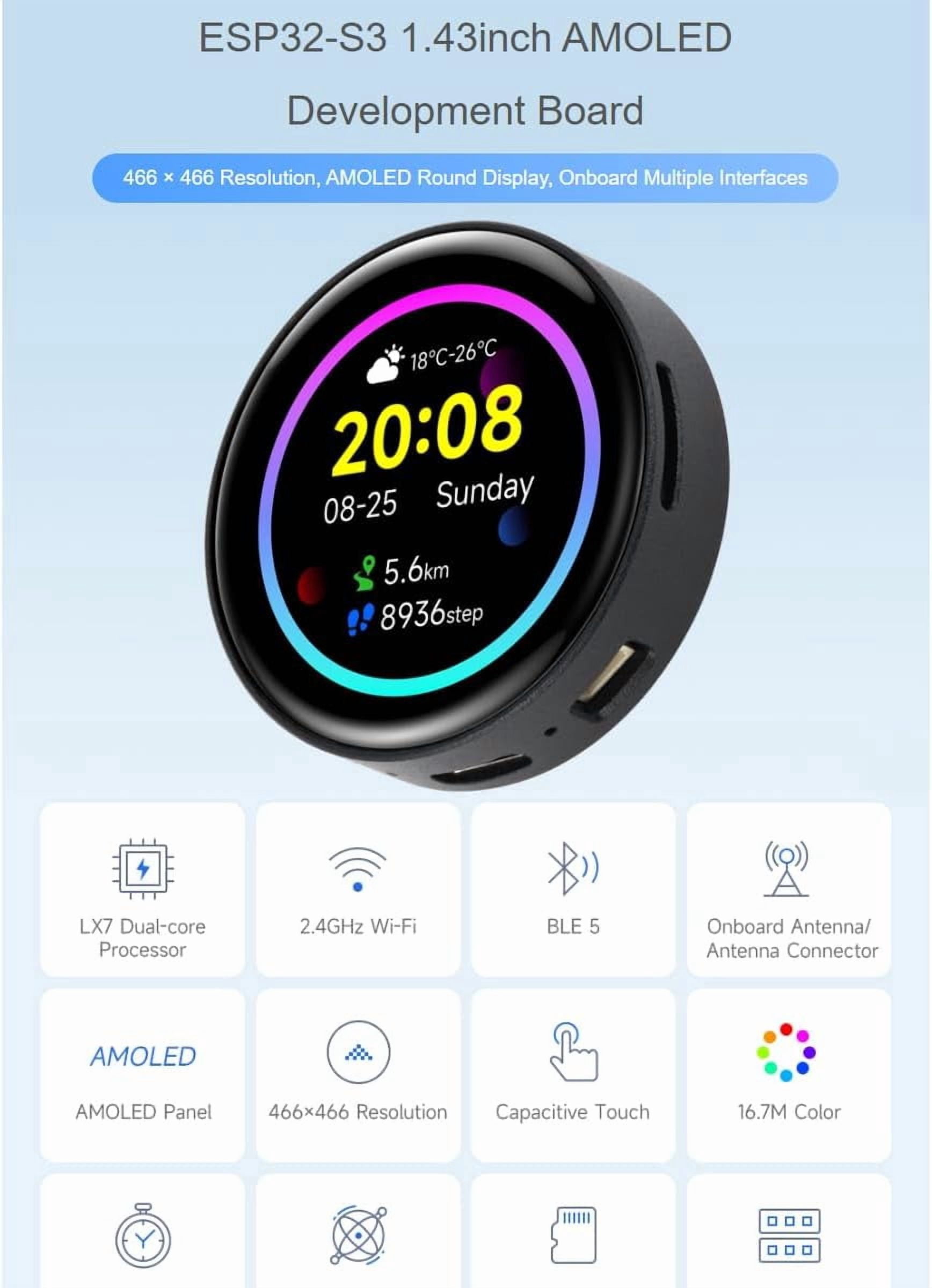 ESP32-S3 1.43inch AMOLED Display Development Board with CNC Metal Case,466×466 Resolution 16.7M Color Capacitive Touch AMOLED Round Display Support 2.4GHz WiFi and Bluetooth BLE 5