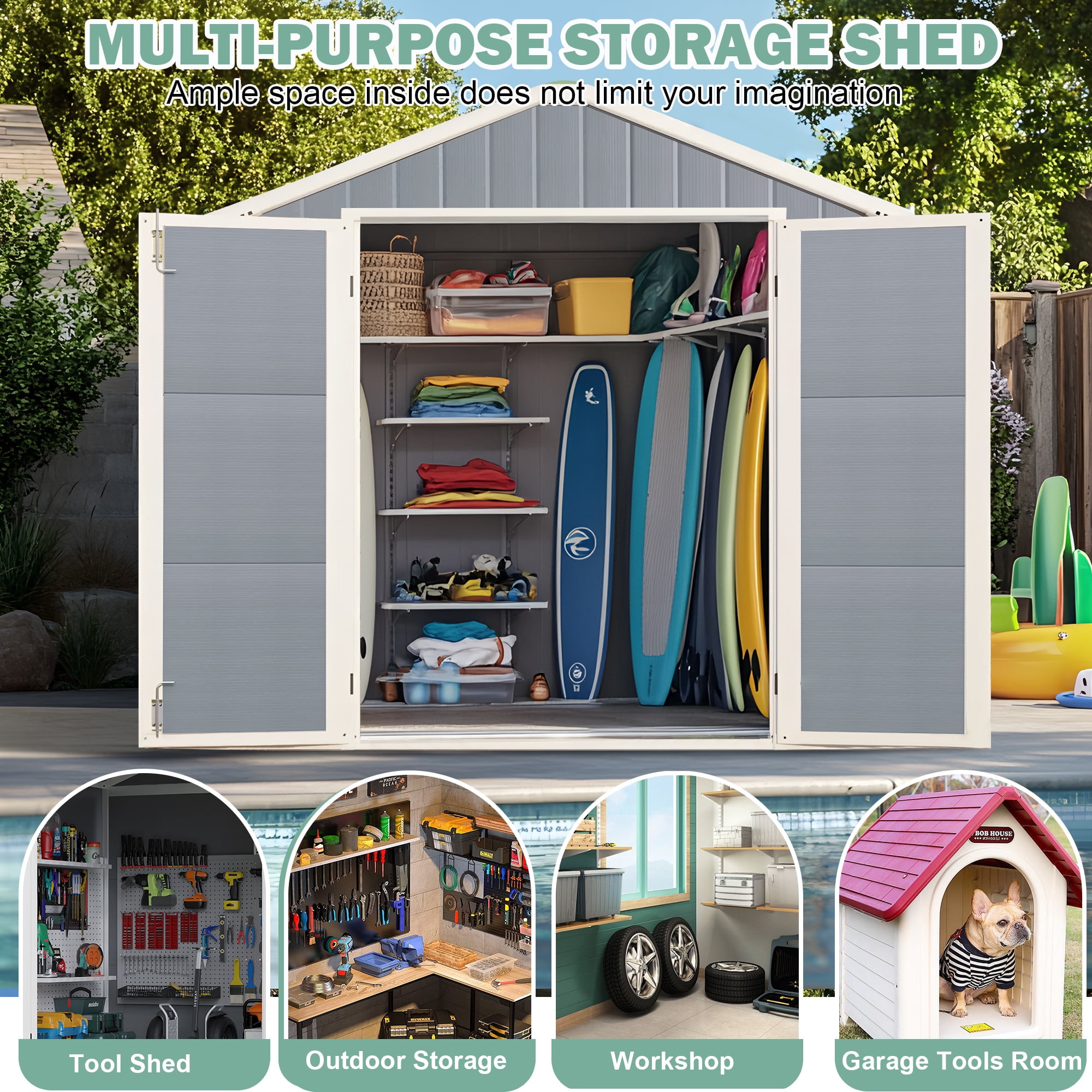 7.5x6.5FT Shed and Outdoor Storage, All-weather Plastic Shed XL Size with Floor, Tool Bike Storage Shed for Garden Yard, Double Vent, Drainage Hole, Multi-purpose Outdoor Storage