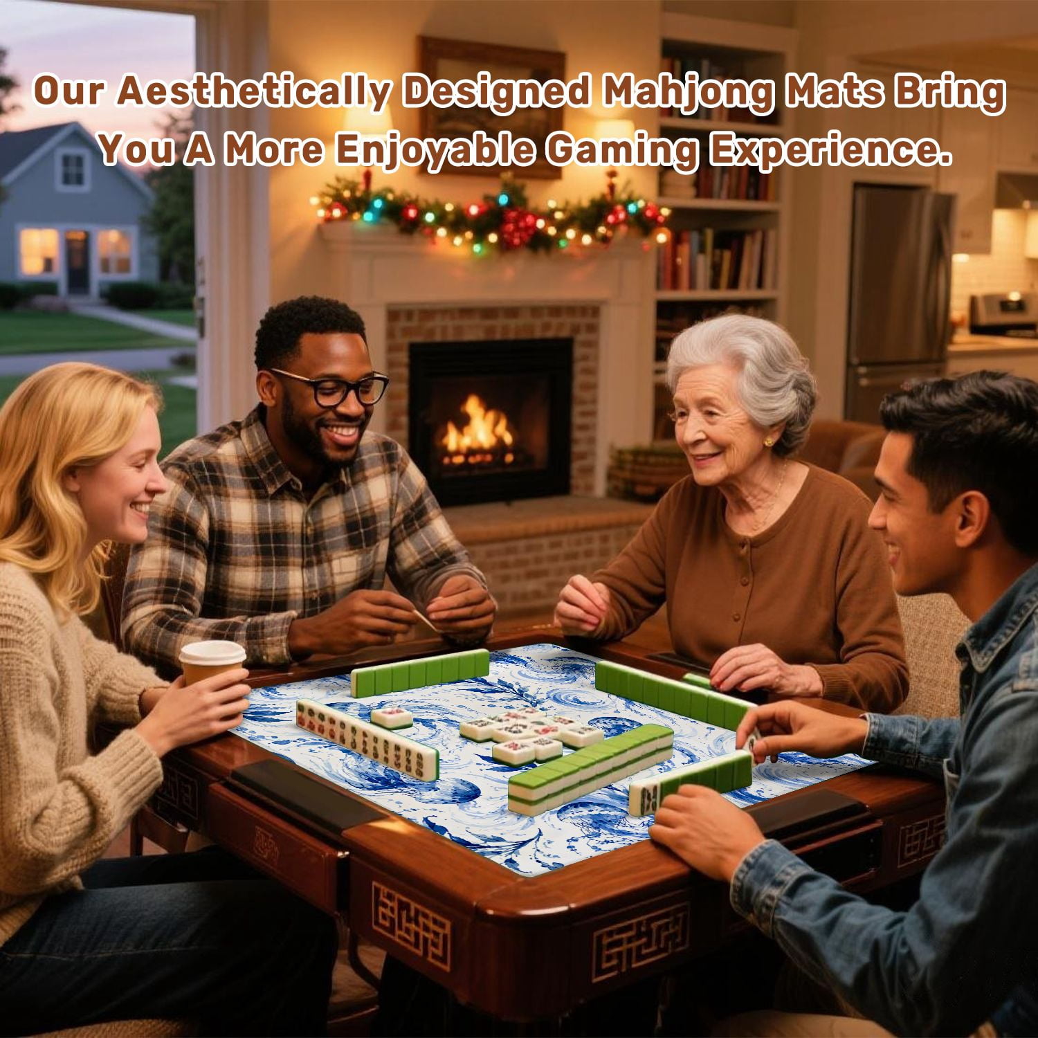 Mahjong Mat 31.5" x 31.5" Blue Watercolor Fish Flowing Fins Swirling Waves Non-Slip Noise Reduction American Mahjong Tiles Table Cover for Dominoes Poker Card Board Games Gift