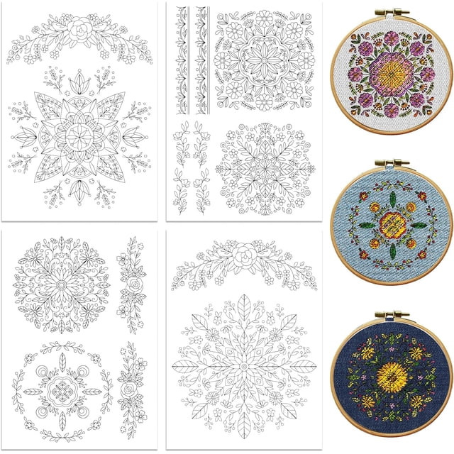 Water Soluble Embroidery Patterns for Beginners Mandala Flower 4 Sheets with 14pcs Patterns Wash Away Embroidery Pattern Stabilizer for Hand Sewing Lover Women Adults