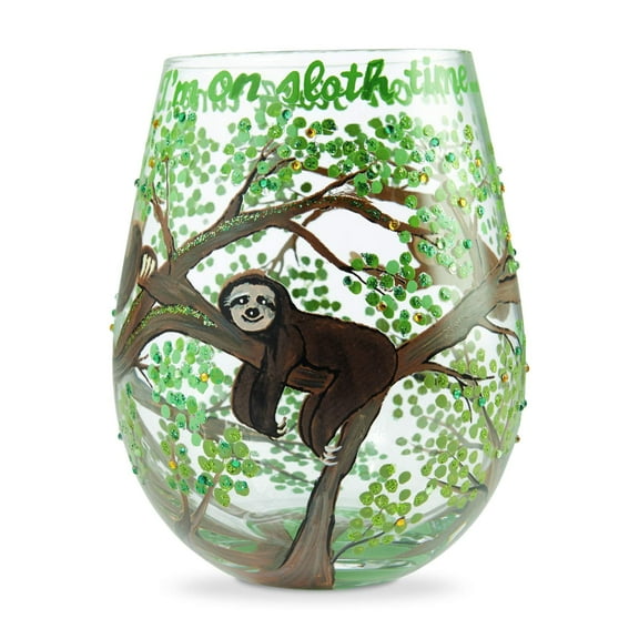 Enesco 6006296 Designs by Lolita Sloth Time Hand-Painted Artisan Stemless Wine Glass, 20 Ounce, Multicolor