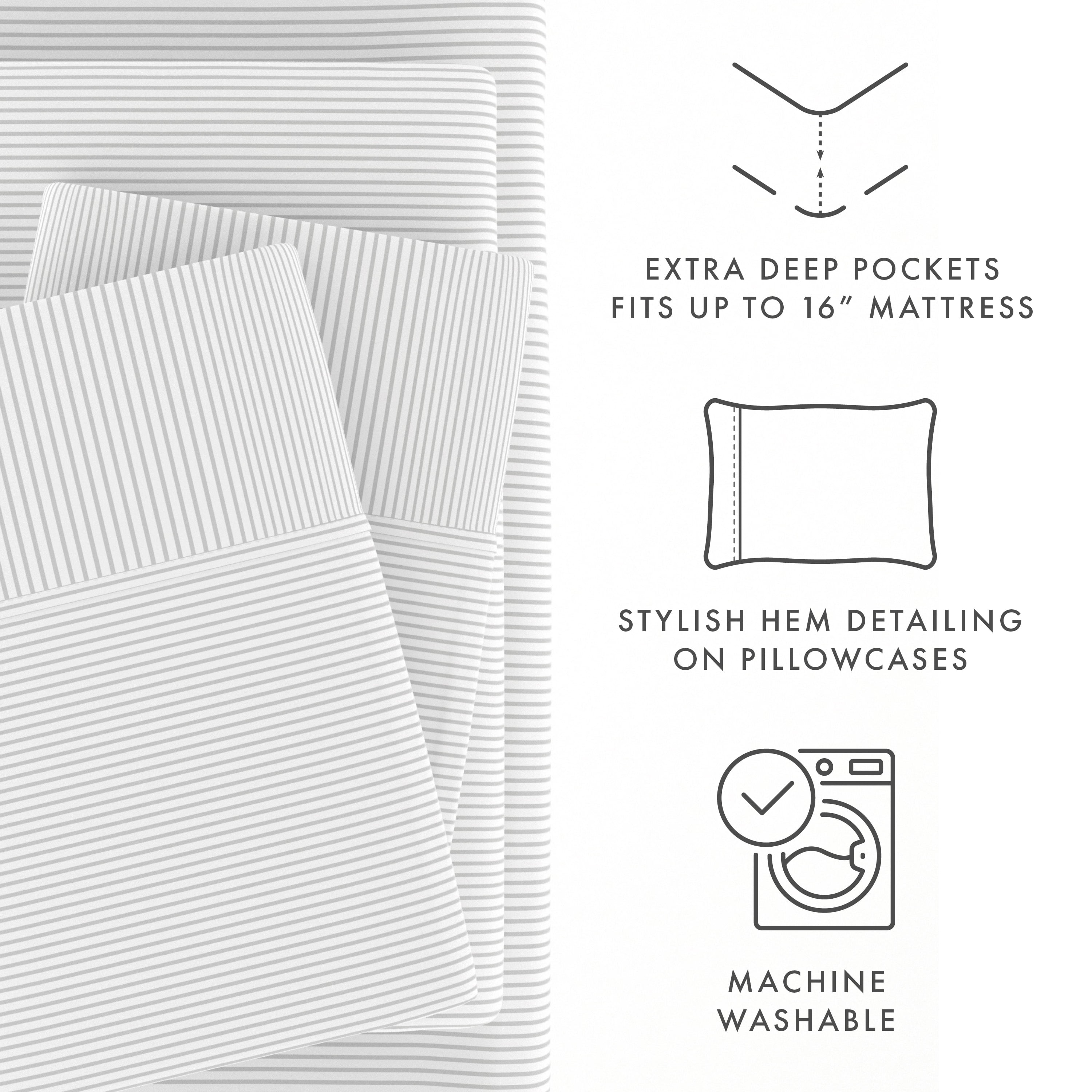 Noble Linens 4 Piece Pattern Microfiber Bed Sheets Set, Light Gray Pinstriped, King