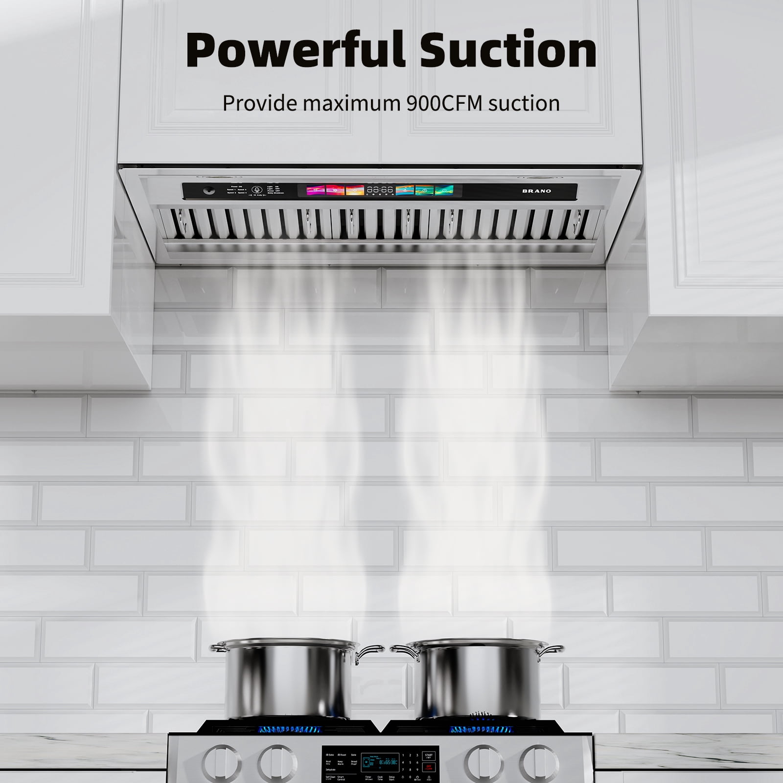 BRANO Range Hood 30 Inch Built-in Kitchen Vent Hood with Voice/Gesture/Touch Control, 900 CFM, 4 Speed Exhaust Fan,Ducted/Ductless Convertible,Memory Mode, Adjustable Lights
