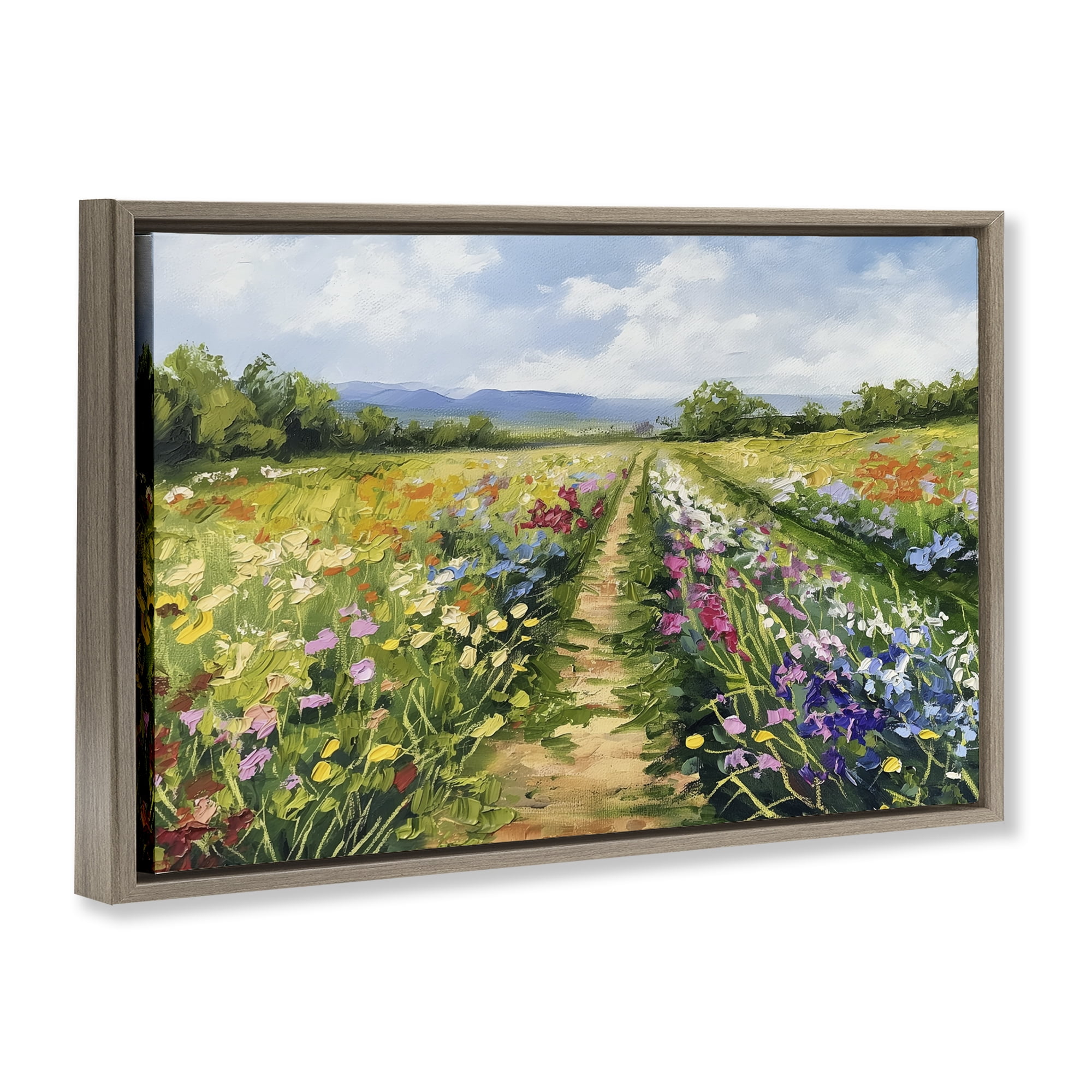 Stupell Industries Bright Hued Wildflower Path Landscape & Nature Painting Brown Floater Framed Canvas Art Print Wall Art, 25 x 17