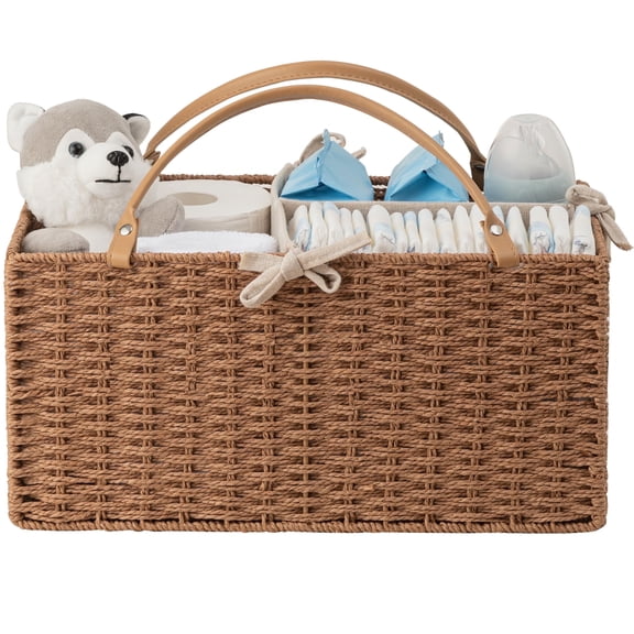 Large Baby Diaper Caddy Organizer, Paper Rope Storage Baskets Nursery Bin with Removable Divider, Portable Car Organizer for Diapers, Baby Shower Gifts, Newborn Essentials Must Haves