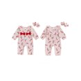 thumbnail image 2 of Baby Toddler Girl 2Pcs Christmas Outfits 0 3 6 9 12 months Long Sleeve Candy Cane Print Ruffle Jumpsuit with Headband Set Newborn Clothes, 2 of 9