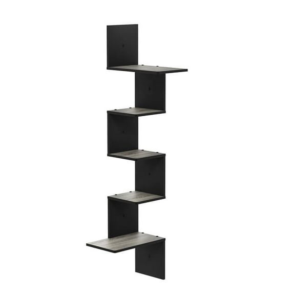 FR18046GYW-BK Rossi Modern 5-Tier Wall Floating Corner Shelf, French Oak Grey & Black
