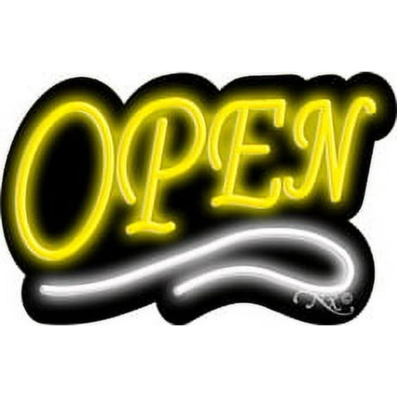 Deco Style Yellow Open With White Line LED Neon Sign 14" Tall x 22" Wide, Black Square Cut Acrylic Backing, with Dimmer - Bright and Premium built indoor LED Neon Sign for storefront.