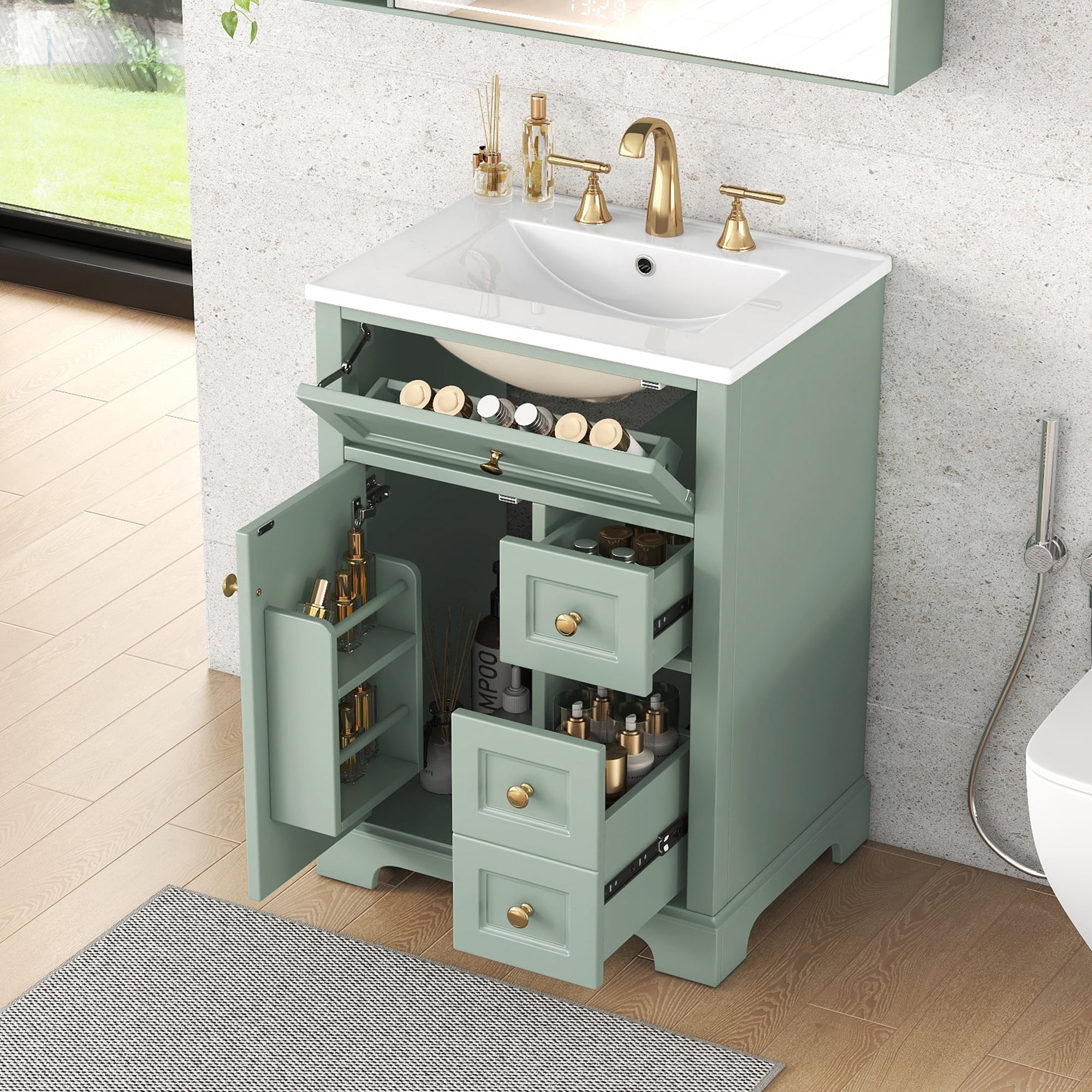 24 Inch Bathroom Vanity with Sink, Green Bathroom Vanity with 3 Drawers & Cabinet, Soft Close Door with Storage Rack, Modern Vanity for Small Bathroom, Freestanding Design