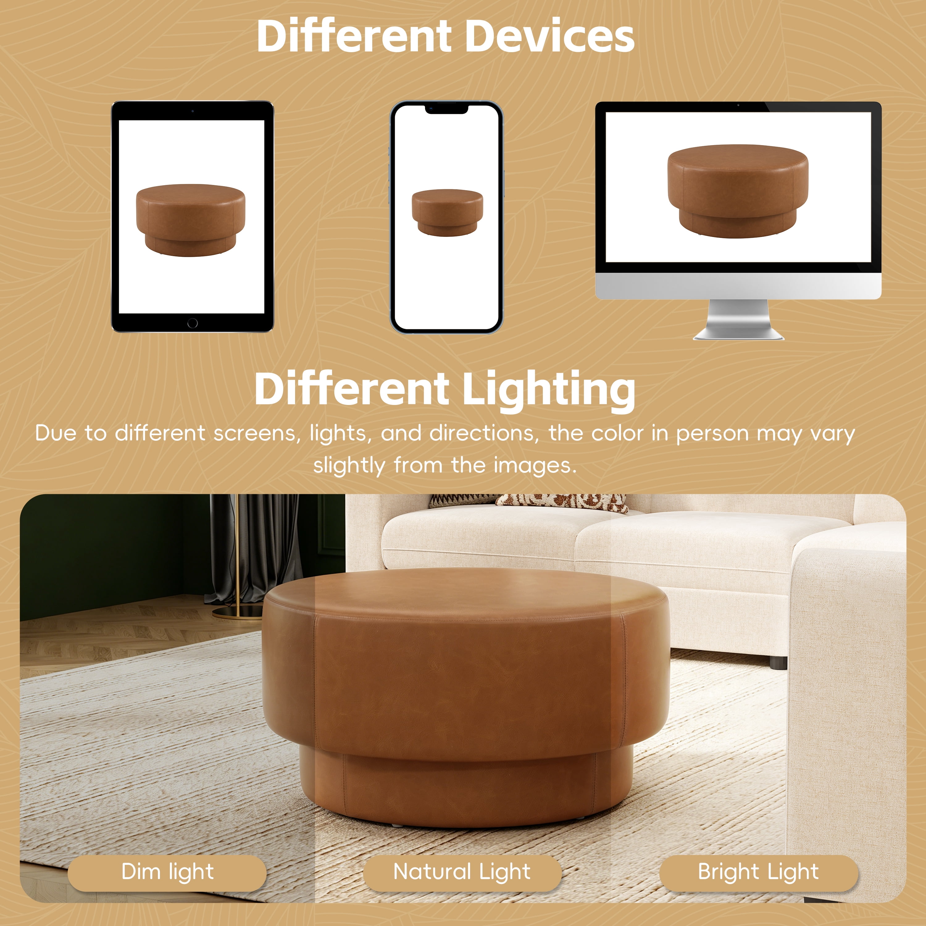 GARITIN Round Ottoman 33 Inch, Modern Double Deck Upholstered Footrest with Faux Leather Cover for Living Room, Brown