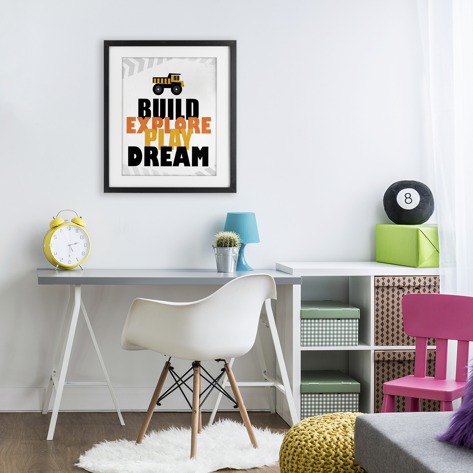 Build Explore Play Dream Black Framed Print Under Glass, design by Kim Allen