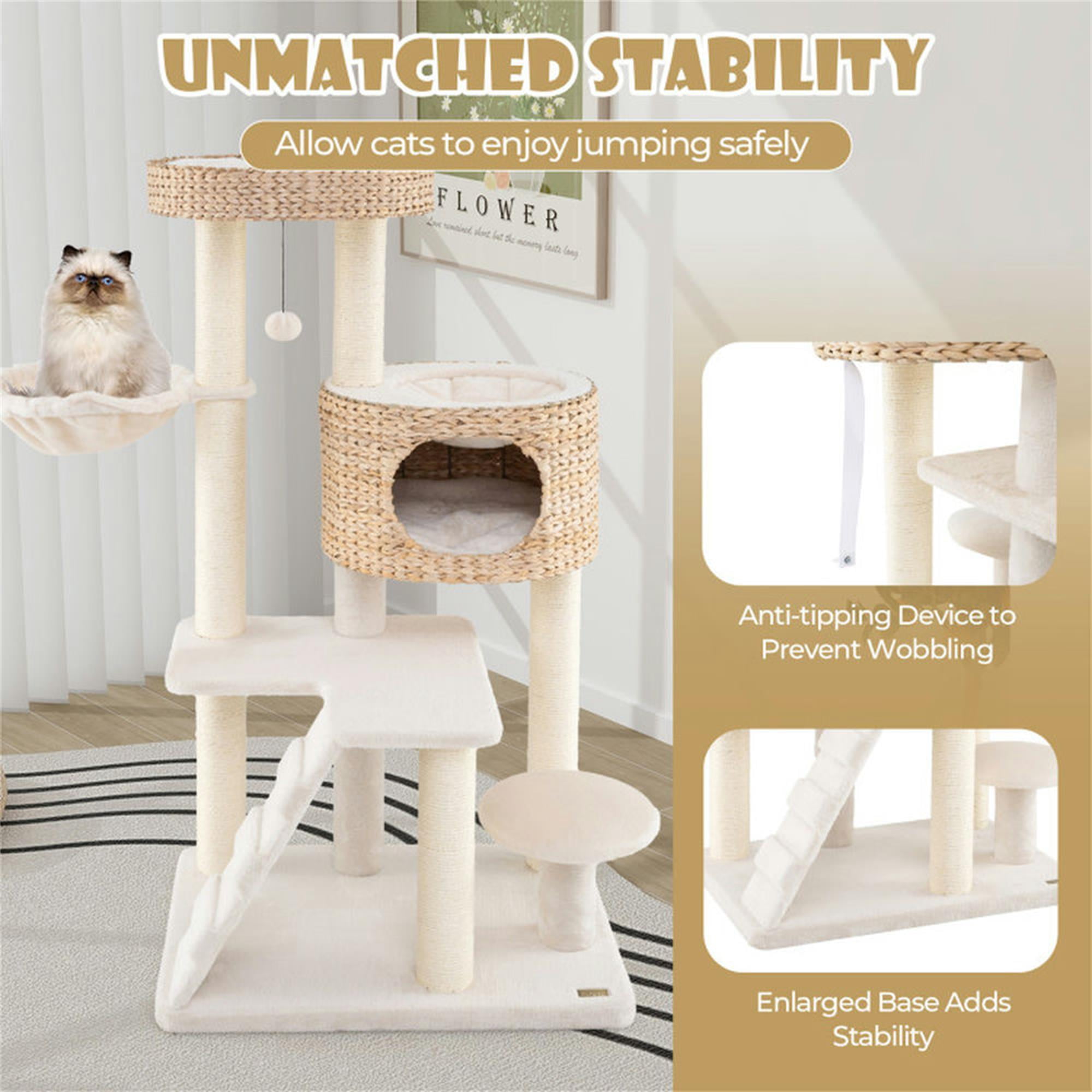 Kadyn 50" Tall Modern Cat Tree for Indoor Cats with Scratching Posts, Hand-Woven Condo and Top Perch, Cat Tower for Kittens Climb Play, White