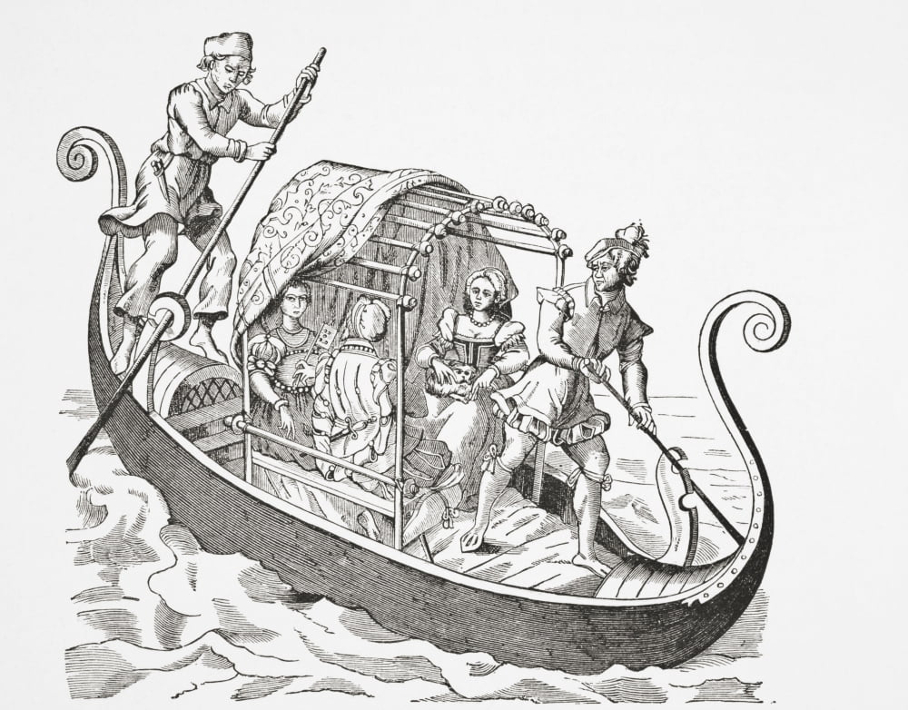 Venetian Gondola From The Grand Procession Of The Doge Of Venice Attributed To Jost Amman Published Frankfurt 1597 From Science And Literature In The Middle Ages By Paul Lacroix Published London 1878