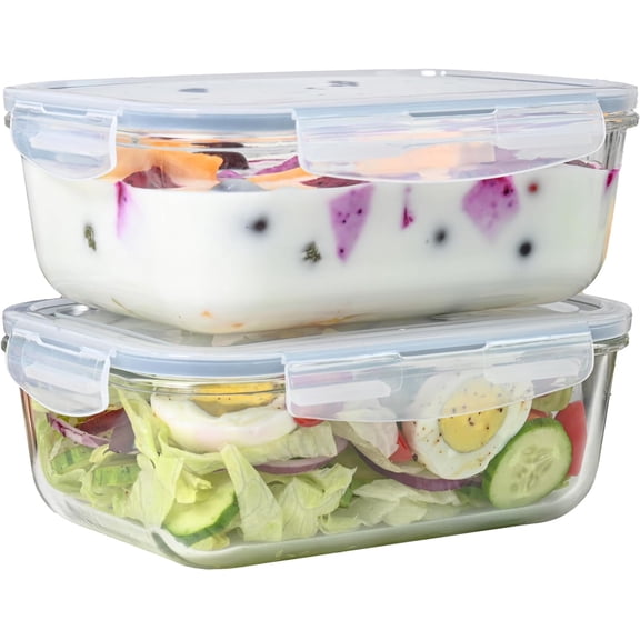4pc Set 8-Cup 64oz Clear Glass Food Storage Containers with Airtight Lids, Freezer Safe, Microwave & Oven Safe, Stackable Meal Prep Containers for Pantry Organizer