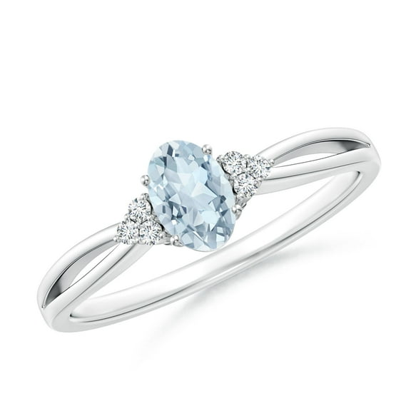ANGARA Natural Solitaire Oval Aquamarine Split Shank Ring with Trio Diamonds in 14K White Gold for Women (Size-6x4mm) | March Birthstone, Anniversary, Jewelry Gift for Women | Natural Aquamarine Ring