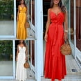 thumbnail image 4 of GENEMA Women Summer Spaghetti Strap Sexy V-Neck Button Maxi Long Dress Belted High Waist Solid Color Ruffled Flared Hem Beach Sundress, 4 of 14