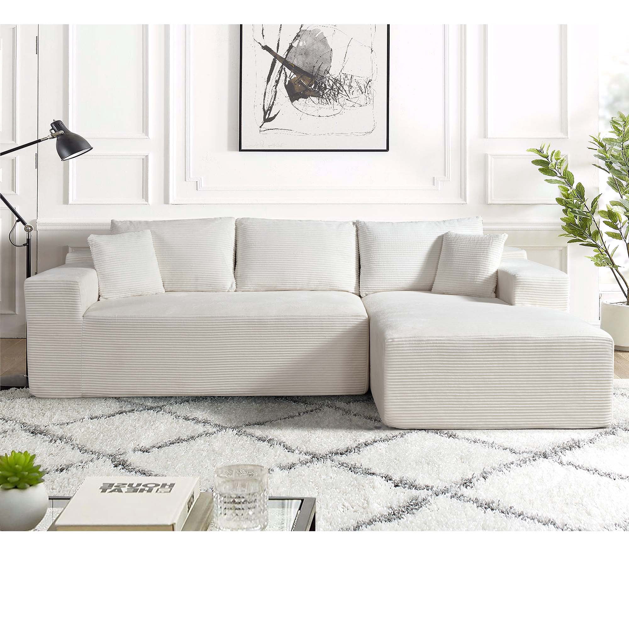 Miniyam 96" x 61" Convertible Corduroy L-Shaped Sofa with Chaise, 3-Seater Modular Sectional Compressed Couch with Pillows for Living Room, Beige (Right Facing)