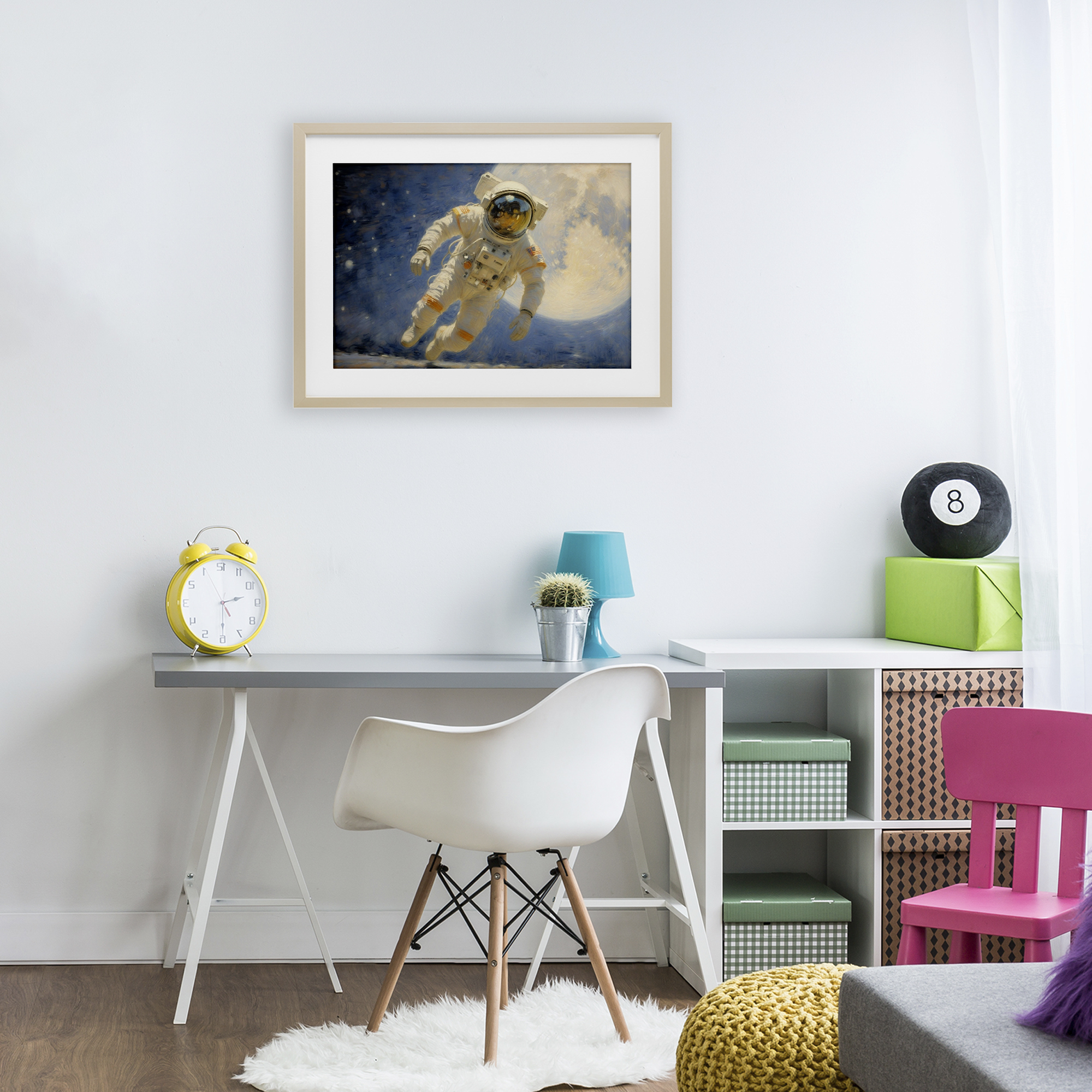 Astronaut in Vast Galaxy Birch Framed Print Under Glass, design by Angie Hawke