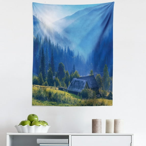 Forest Tapestry, Mountain Village Ukraine Rising Sun Pine Trees Forest Wooden House Nostalgic Photo, Fabric Wall Hanging Decor for Bedroom Living Room Dorm, 5 Sizes, Green Blue, by Ambesonne