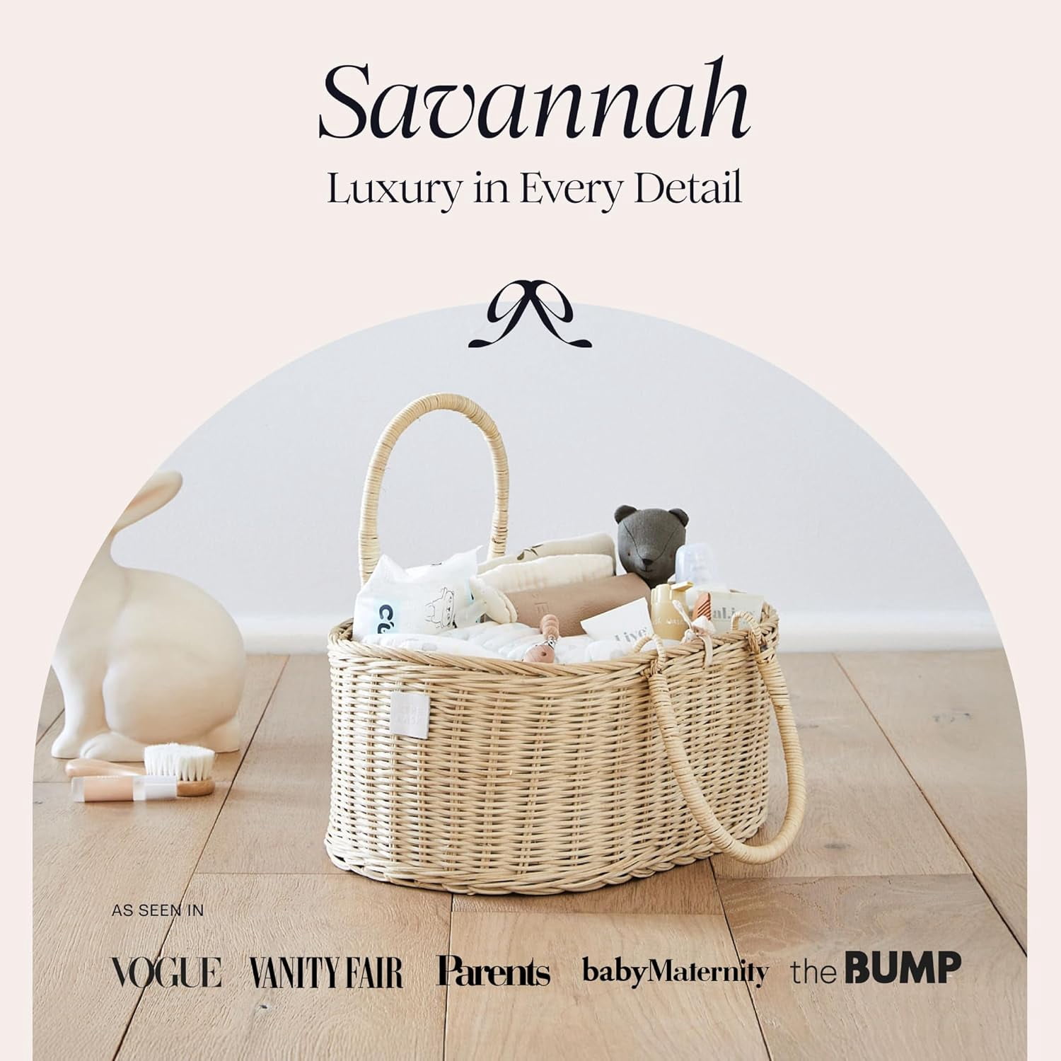 Premium  Diaper Caddy Organizer - Handmade Rattan Basket With Cotton Divider - Award-Winning & Luxury Diaper Caddy Basket - (SAVANNAH)
